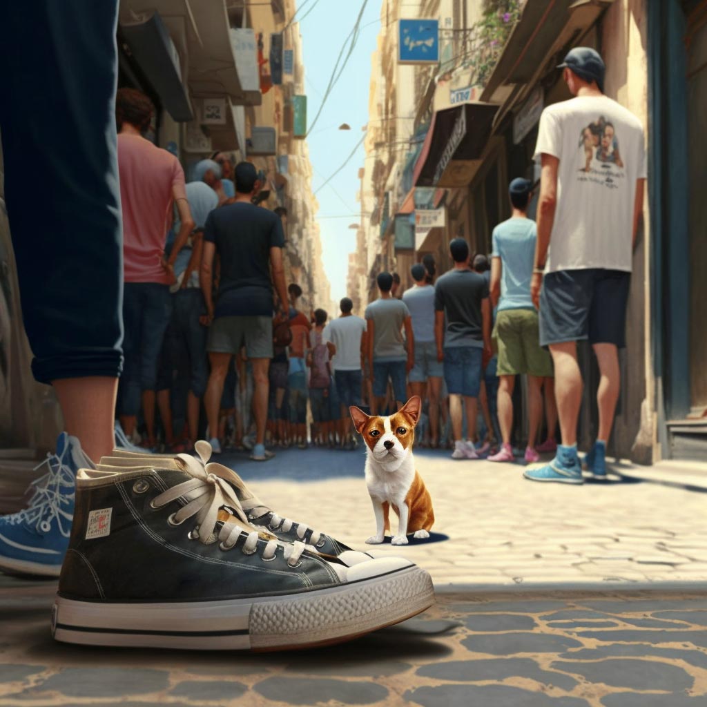 כלב מסתכל על זוג נעליים
