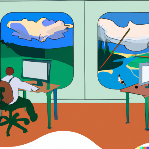 איור סוריאליסטי של עובד מול מחשב על רקע חלון אל טבע קסום ומושך