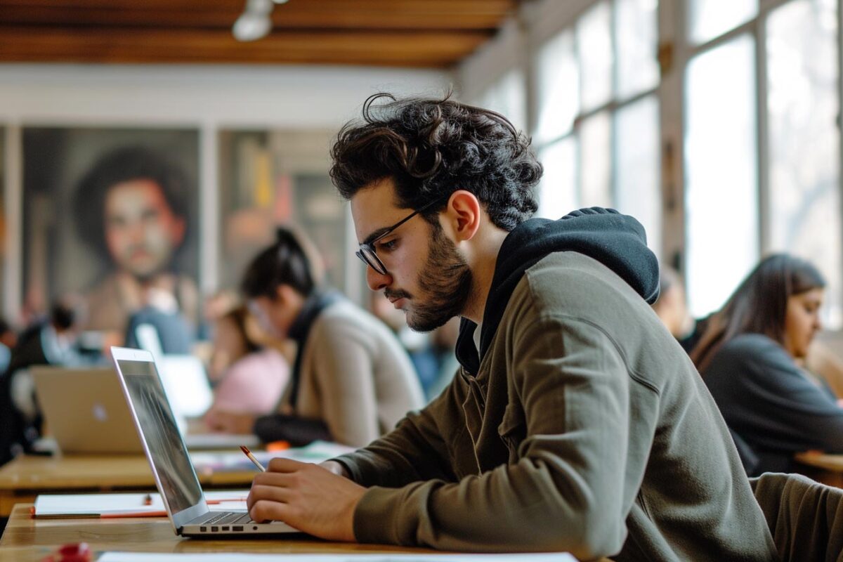 a man on her laptop during an online course