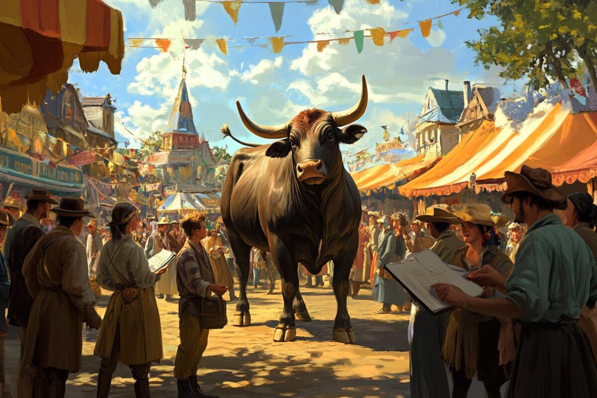 people gather around an ox