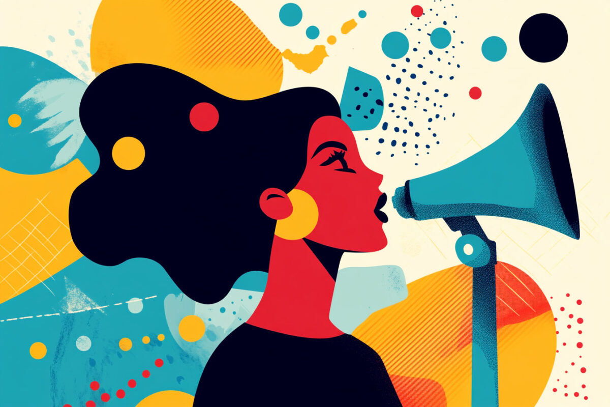 A woman speaking into a megaphone, illustrated with vibrant colors and abstract shapes in the background.
