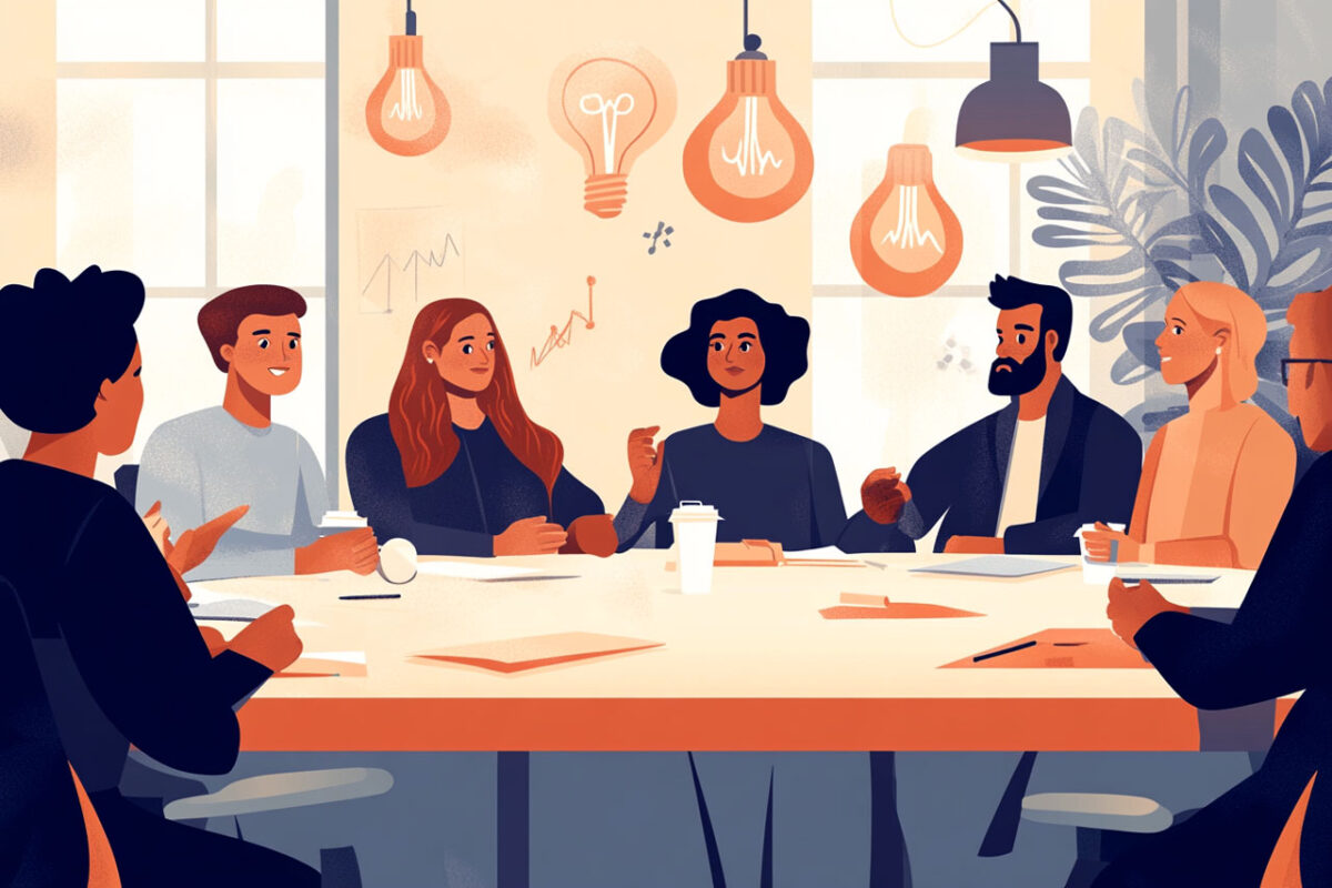 A diverse group of people engaged in a meeting around a large table in a bright, well-lit room.