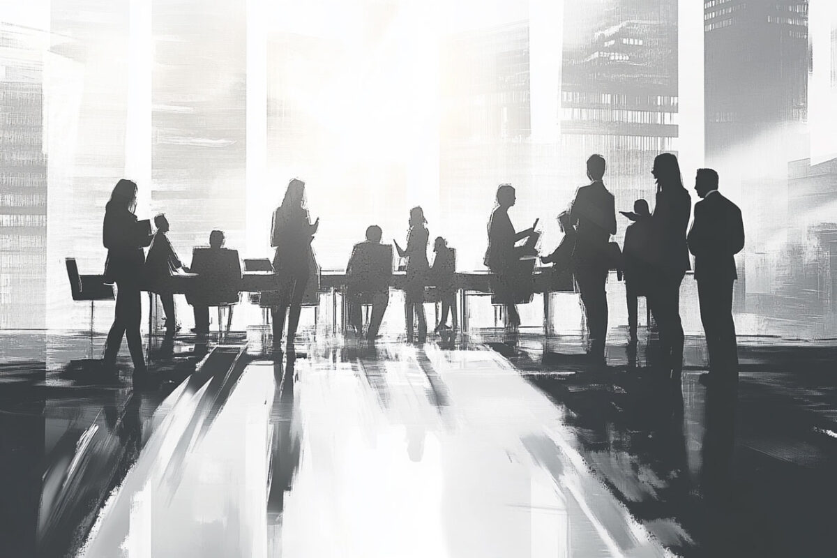 Silhouettes of professionals in a business meeting, engaged in discussion in a well-lit office environment