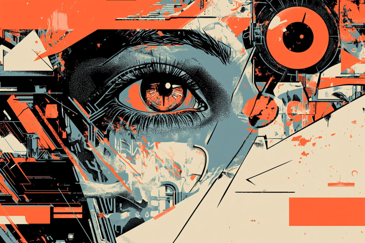 An abstract graphic featuring a human eye surrounded by geometric shapes and vibrant colors.