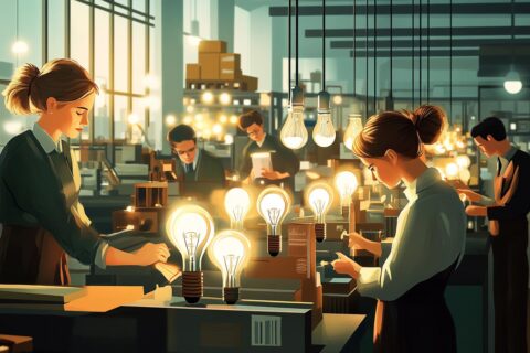 Workers assembling light bulbs in a well-lit factory setting.