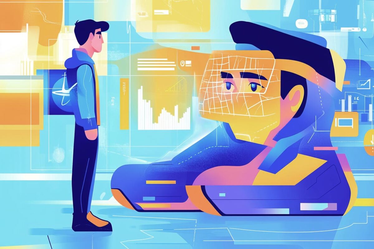 A person stands in front of a large, stylized figure wearing a virtual reality headset, surrounded by digital graphics.