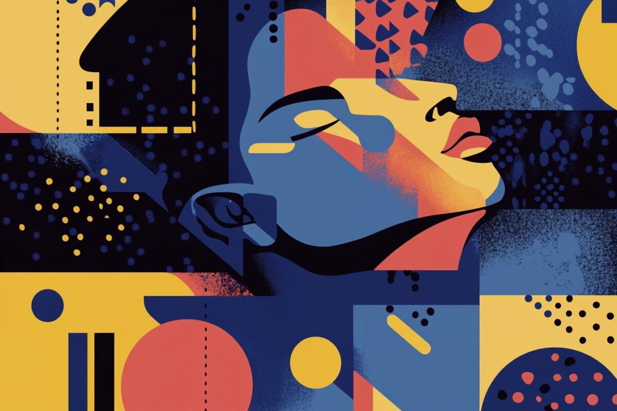 A colorful abstract illustration featuring a stylized face with geometric shapes and vibrant colors.