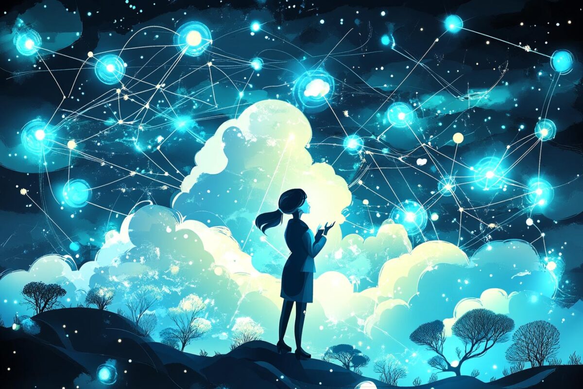 A silhouette of a person gazing at a starry sky filled with glowing blue orbs and interconnected lines.