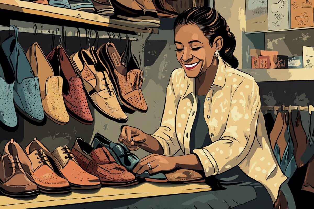 A woman smiles while examining shoes in a store, surrounded by various styles on display.
