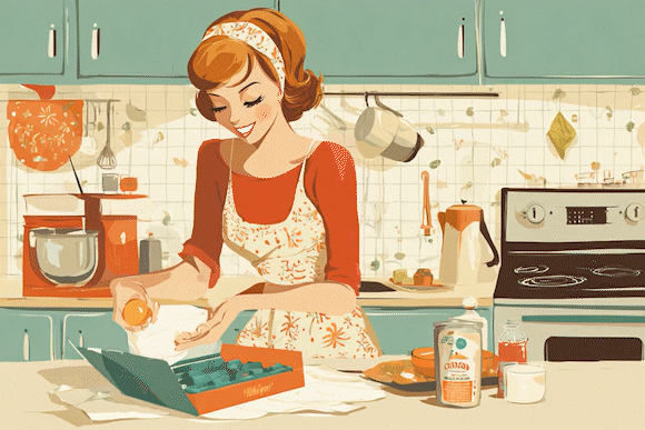 A woman in a vintage-style kitchen preparing baked goods, wearing a floral apron and headband, with baking ingredients and tools on the counter.