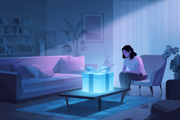 A woman sitting in a living room with a glowing gift box on the coffee table.