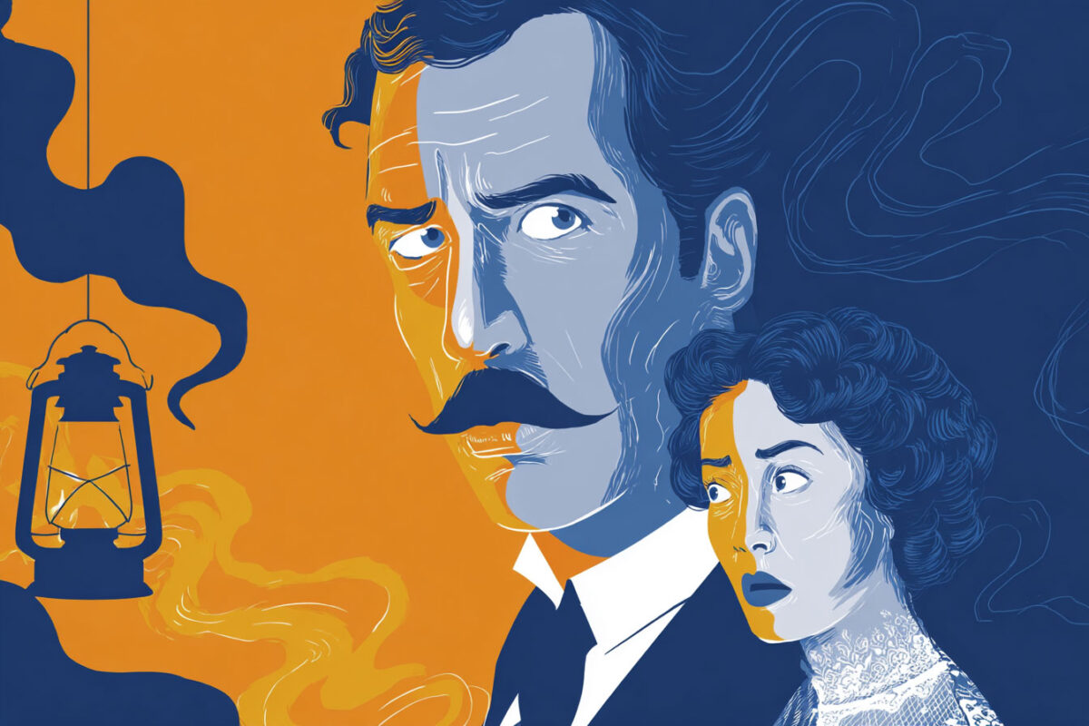Illustration of two historical figures with a lantern and smoke, depicted in blue and orange tones.