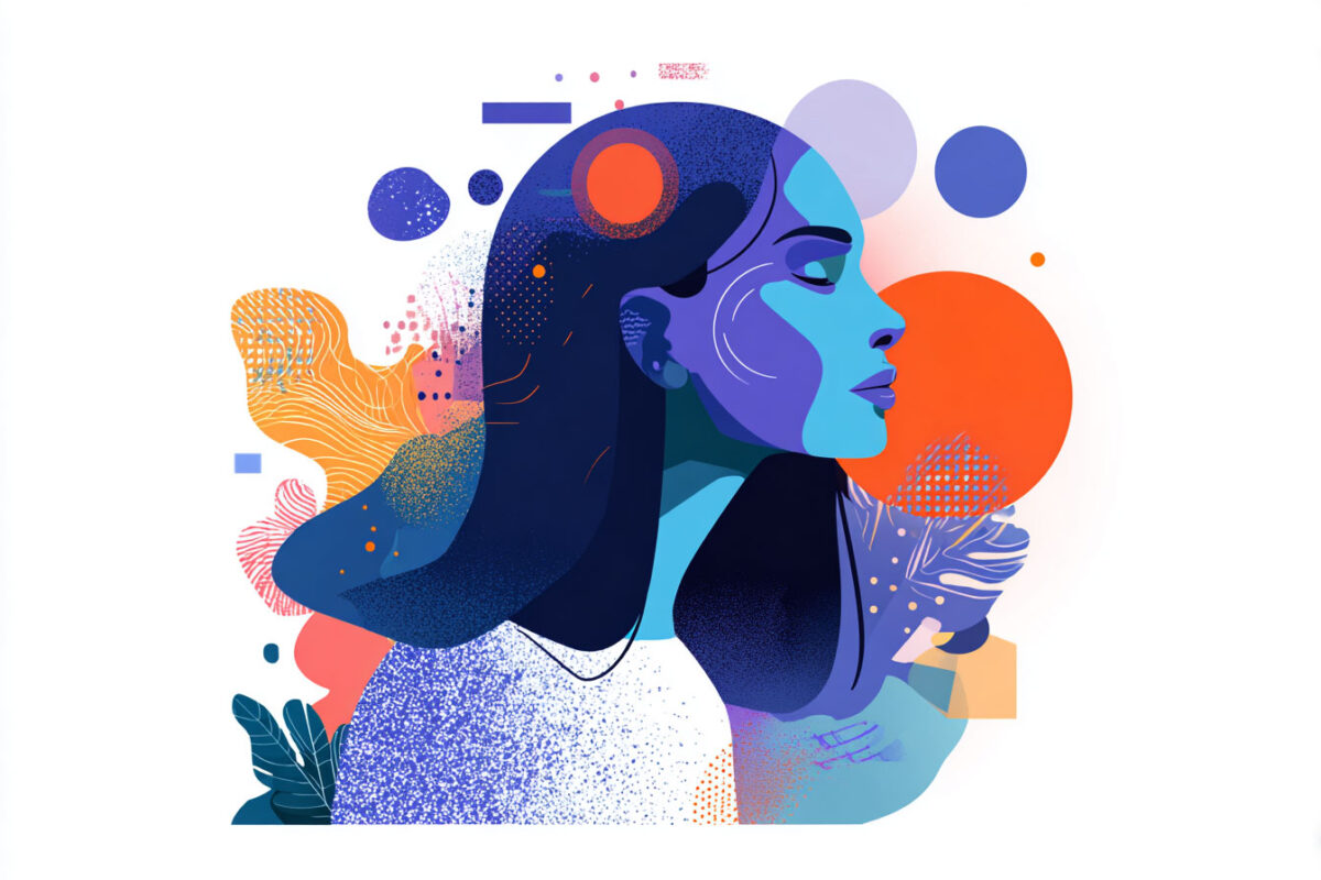 Abstract profile of a woman with colorful geometric shapes and patterns around her.