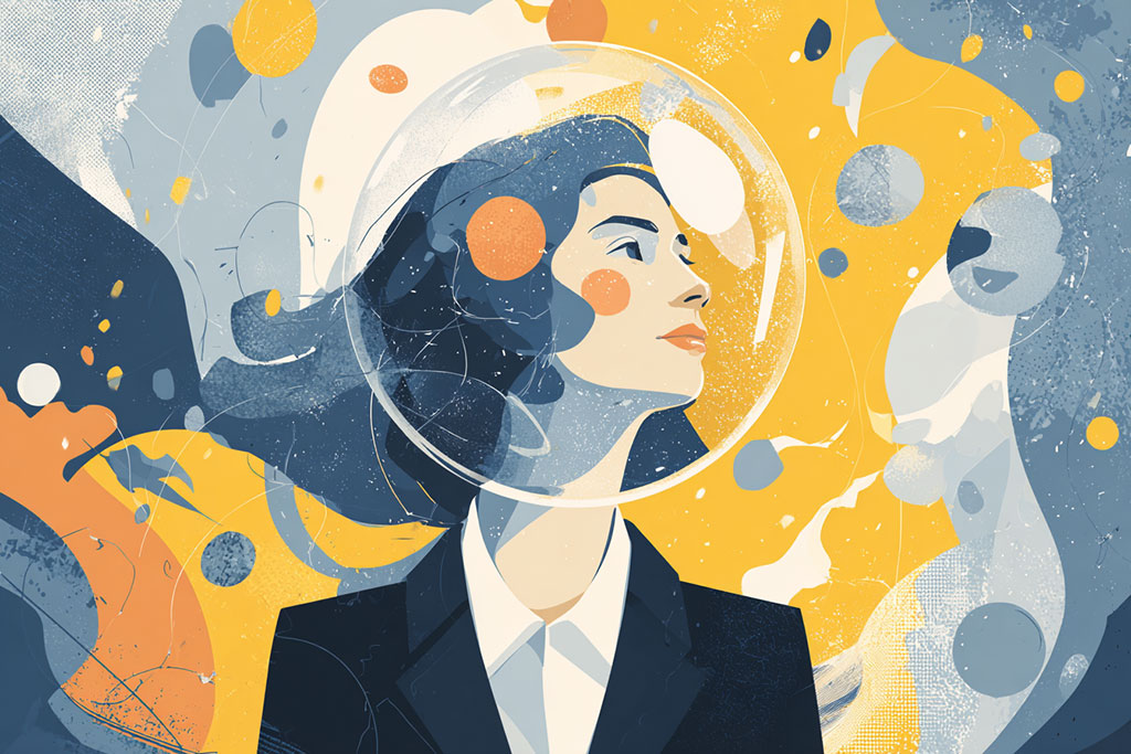 Illustration of a woman in a space helmet looking upwards against a colorful abstract background.