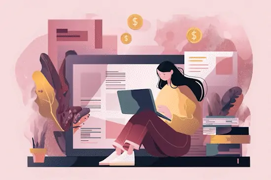 אישה יושבת עם מחשב נייד בתוך מסגרת מחשב, מוקפת בעיטורים צמחיים ומטבעות זהב