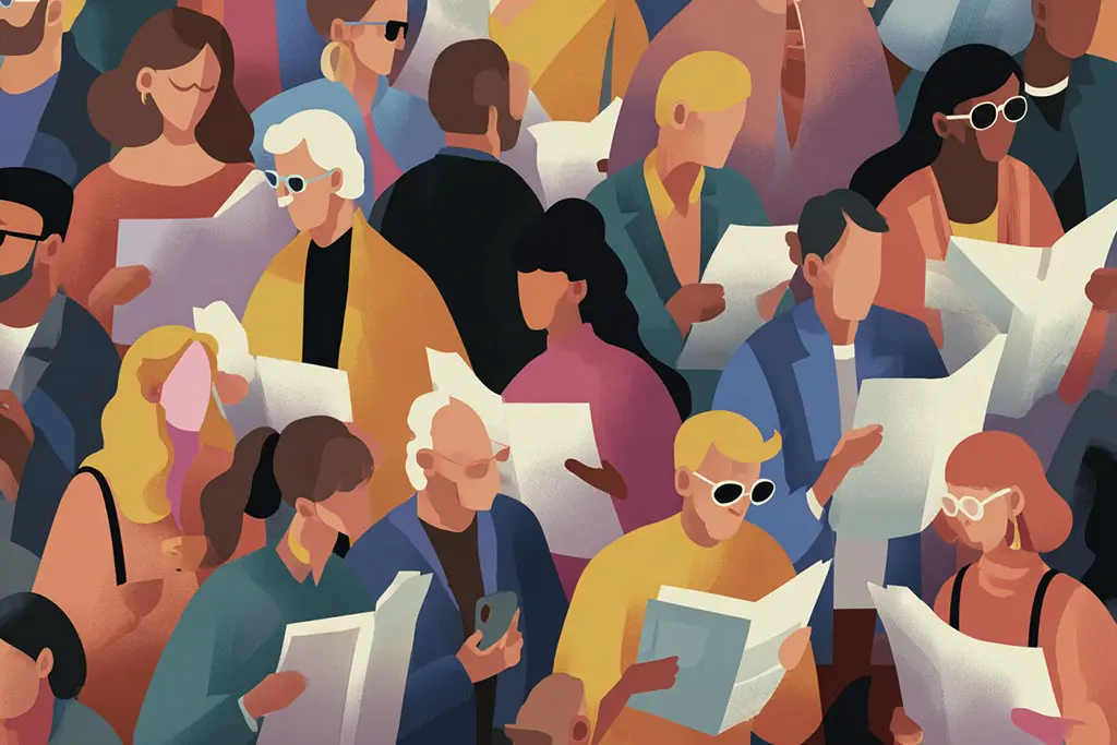 אנשים בקהל גדוש קוראים עיתונים או מסמכים.