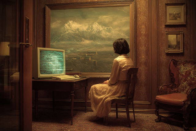 אישה לבושה בבגד מלכותי יושבת מול מחשב מהדור הישן בחדר ישi ועם מכשירים שלא נראים מתאימים לתקופה