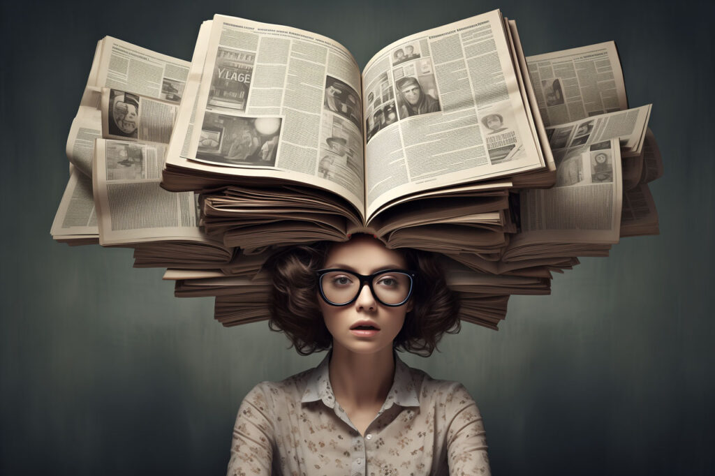 woman with newspapers for hair