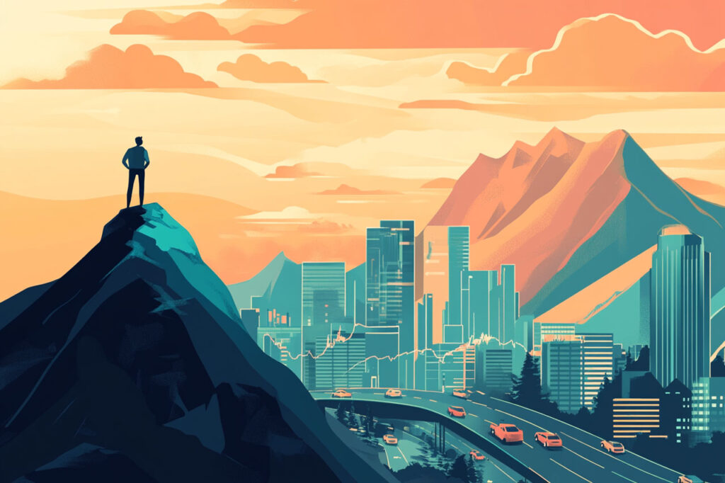 A silhouetted figure stands on a mountain peak overlooking a vibrant city skyline at sunset.
