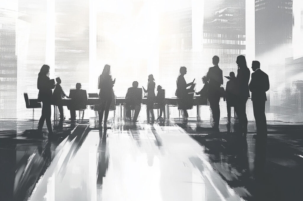 Silhouettes of professionals in a business meeting, engaged in discussion in a well-lit office environment