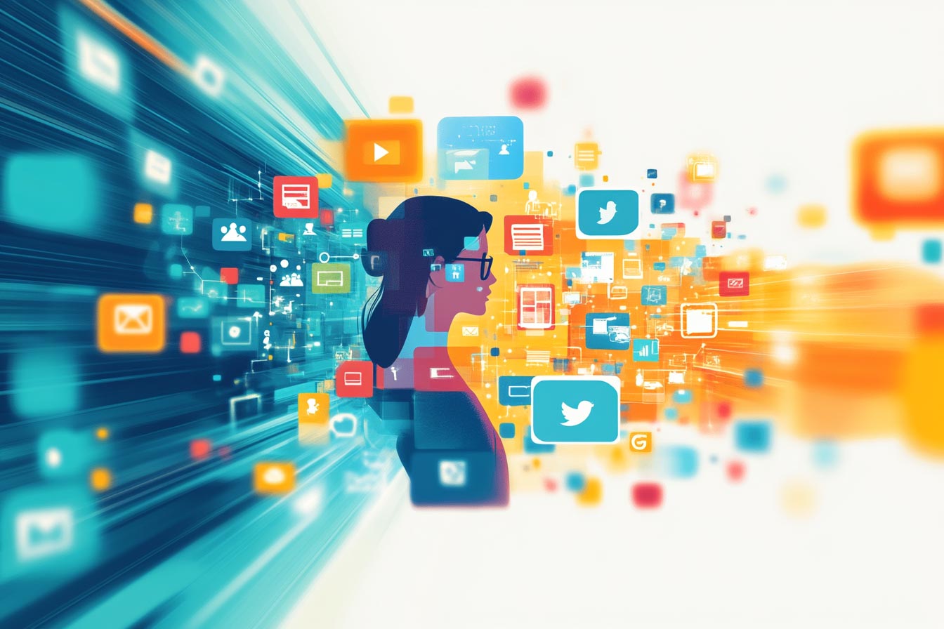 A silhouette of a woman surrounded by vibrant social media icons and digital elements, representing the digital landscape.
