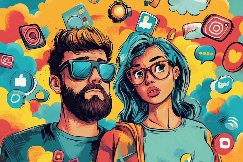 A man and a woman looking upward with colorful social media icons surrounding them.