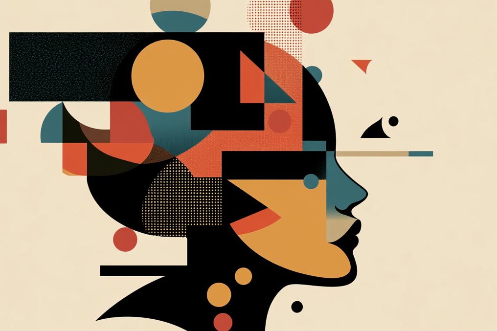 Abstract illustration of a human profile using geometric shapes and warm colors.