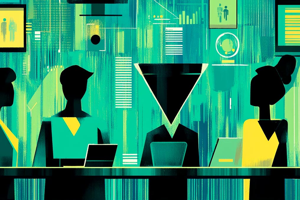 Abstract illustration of three figures working with laptops in a digital environment filled with data visuals.