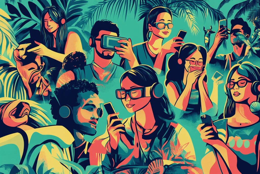 A vibrant illustration of diverse people using technology in a tropical setting, surrounded by plants and foliage.