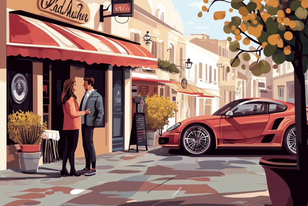 A couple converses outside a café with a red sports car parked nearby.