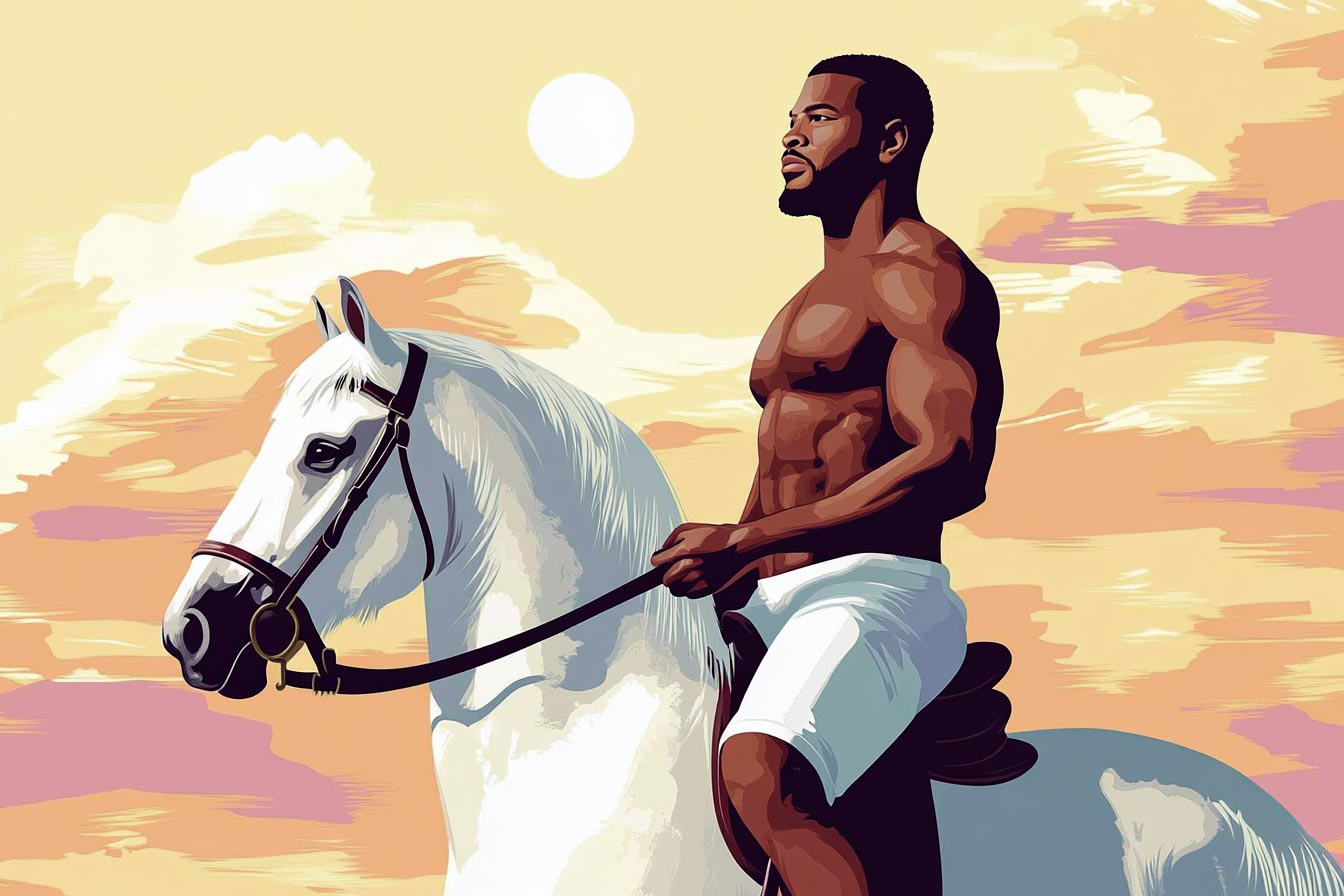 A muscular man riding a white horse against a colorful sunset background.