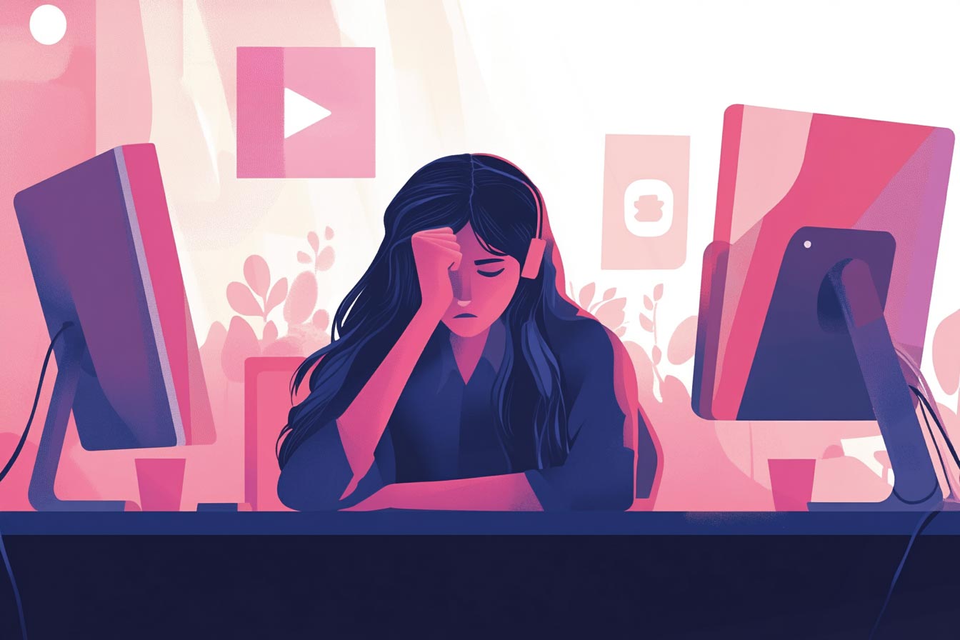 A woman with headphones looks stressed while sitting at a desk with two computer monitors.