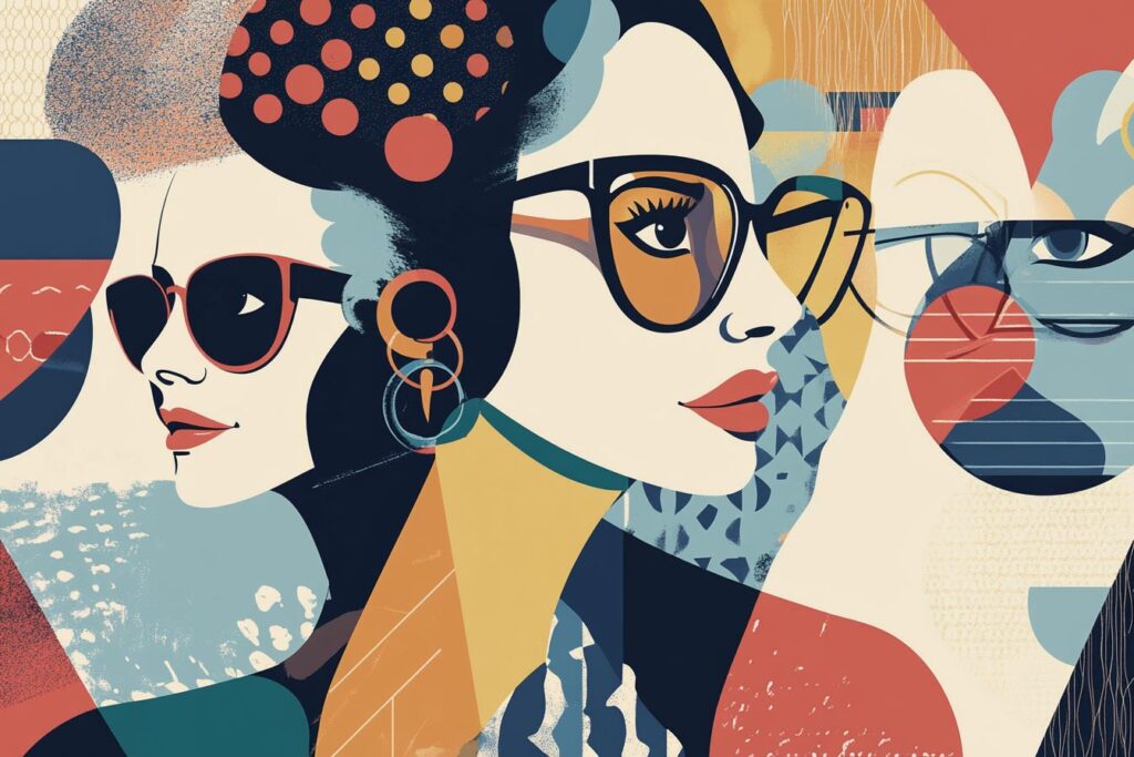 Stylized illustration of two women in sunglasses, showcasing bold colors and geometric patterns.