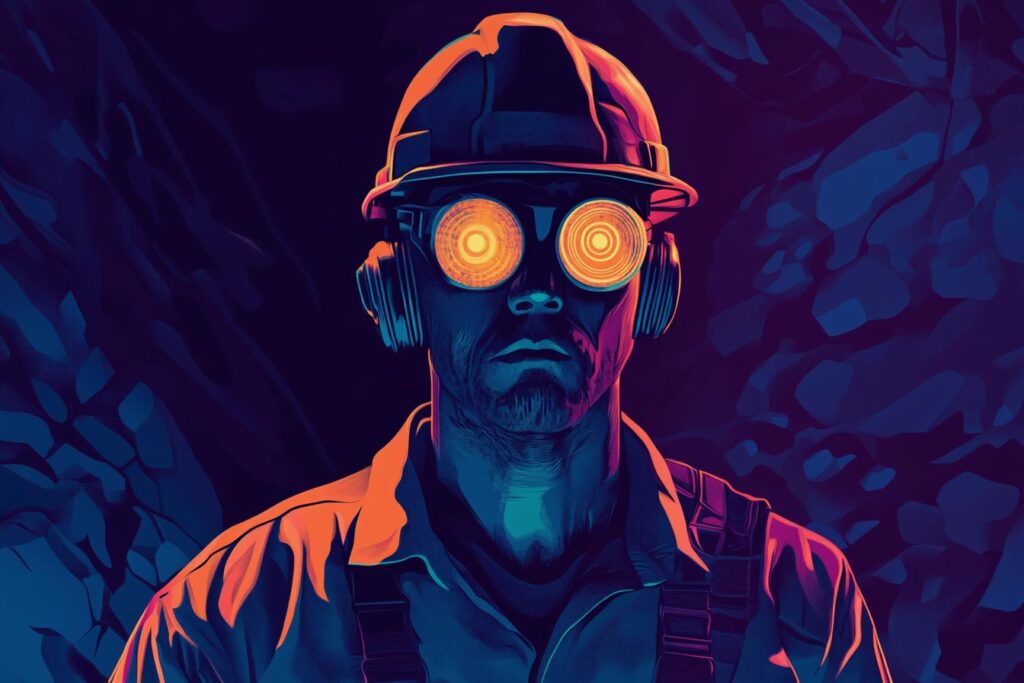 A coal miner with glowing goggles stands in a dark environment, highlighting the contrast of light and shadow.