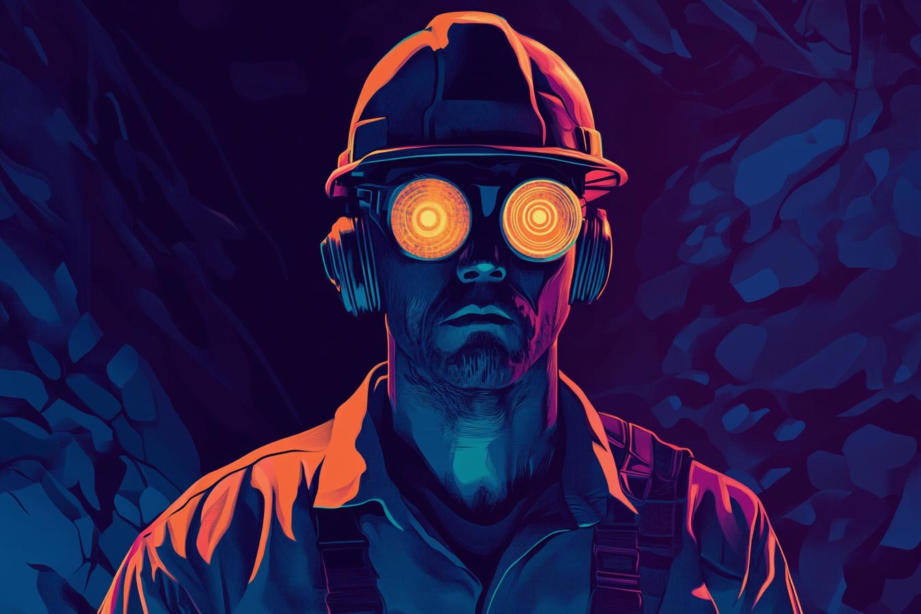 A coal miner with glowing goggles stands in a dark environment, highlighting the contrast of light and shadow.
