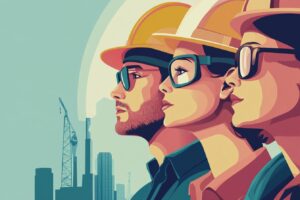 Three construction workers in hard hats and glasses, looking towards a construction site with cranes in the background.