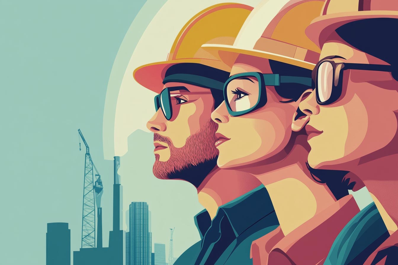 Three construction workers in hard hats and glasses, looking towards a construction site with cranes in the background.