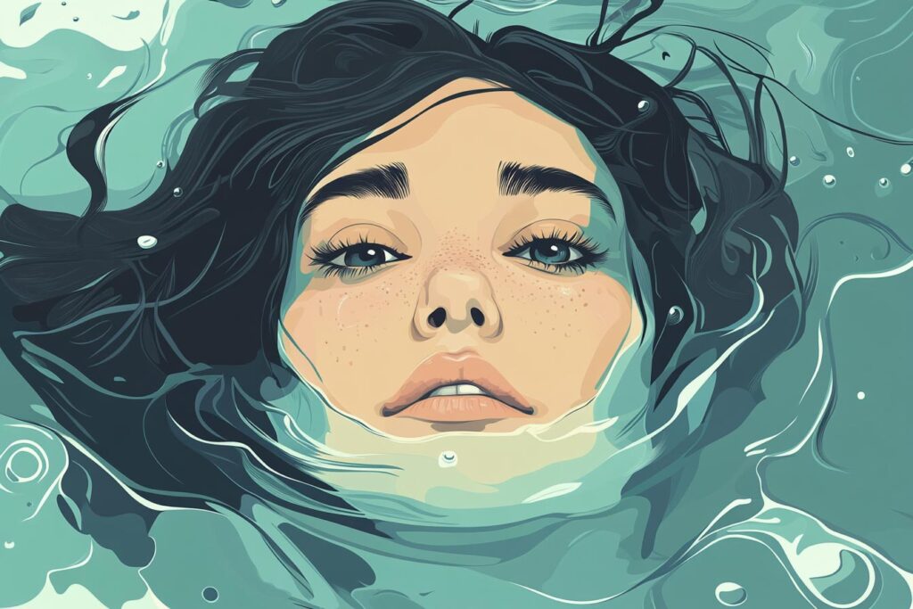 A person with dark hair submerged in water, gazing upward with a serene expression.