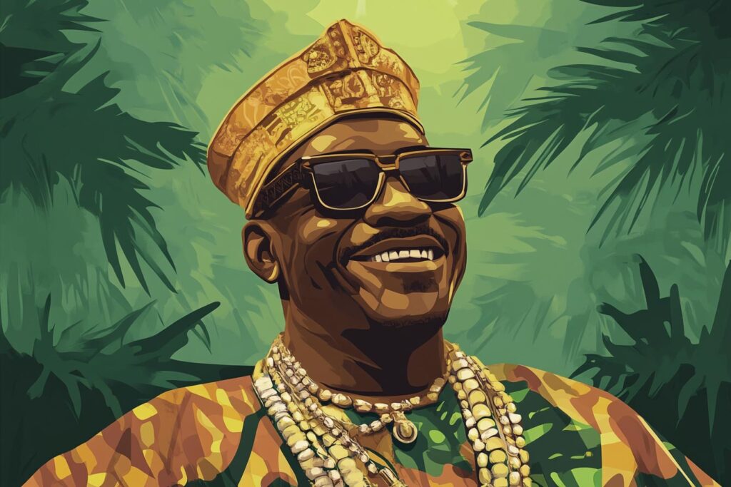 Portrait of a smiling man wearing sunglasses, a traditional hat, and multiple necklaces, set against a lush green background.