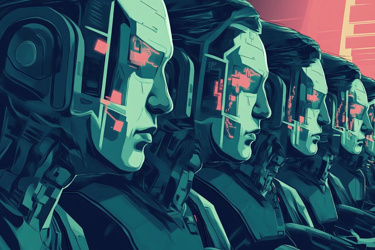 Futuristic digital artwork of multiple humanoid robots with sleek, metallic faces and glowing features, aligned in a row.