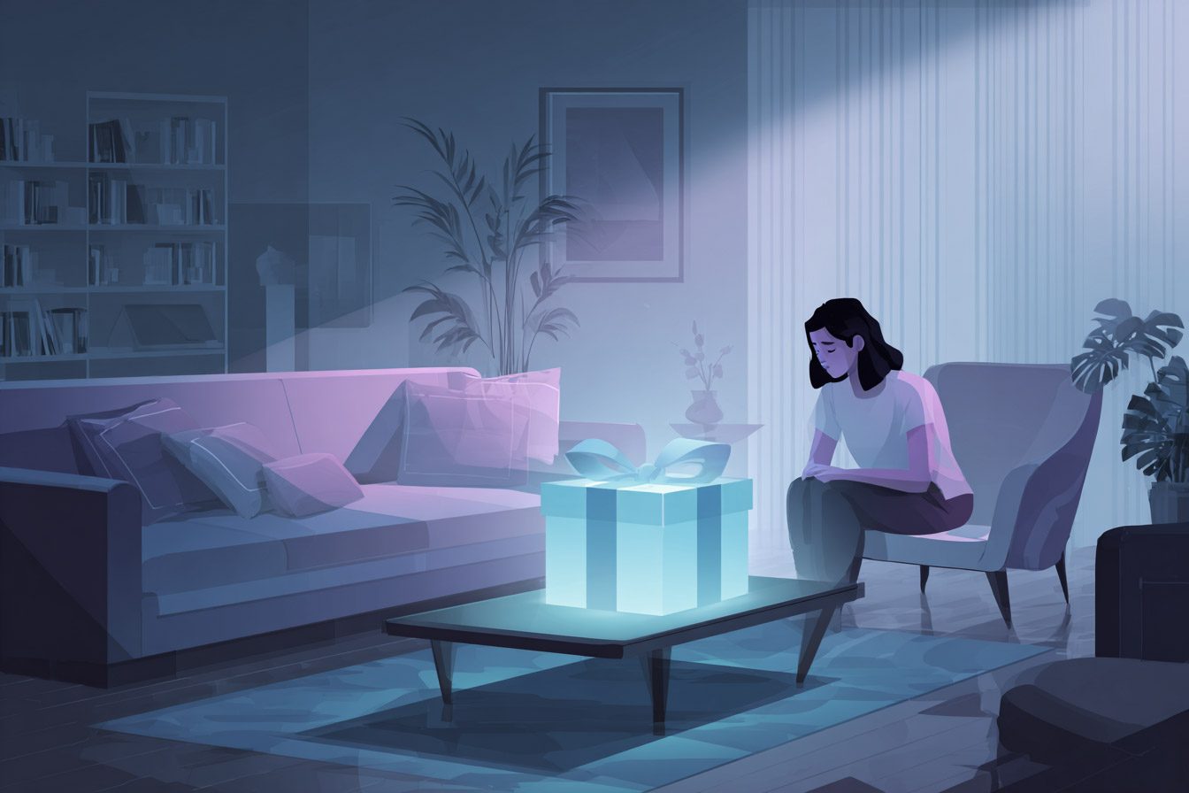 A woman sitting in a living room with a glowing gift box on the coffee table.
