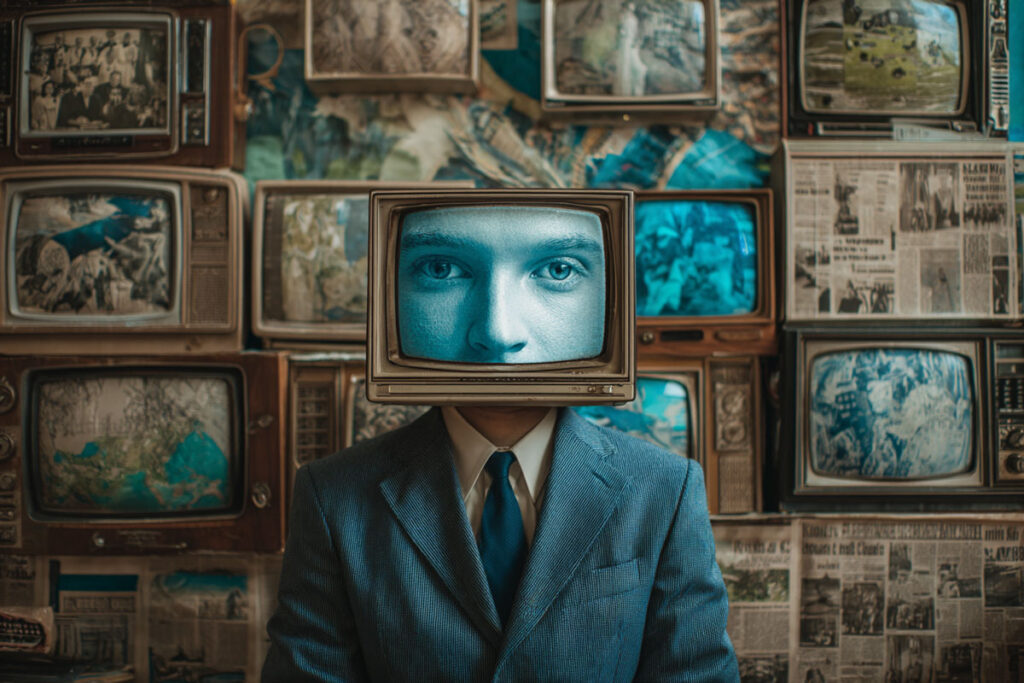 A person with a vintage TV for a head, wearing a suit, in front of a wall of old televisions and newspapers.