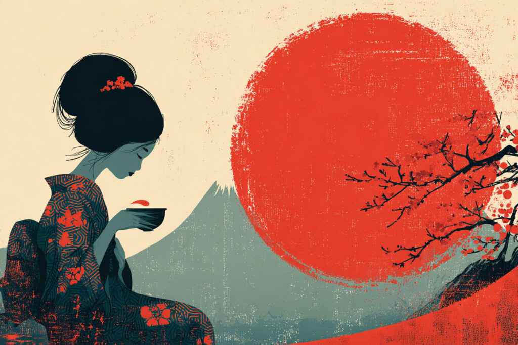 Illustration of a woman in traditional Japanese attire holding a tea cup, with Mount Fuji, cherry blossoms, and a large red sun in the background.