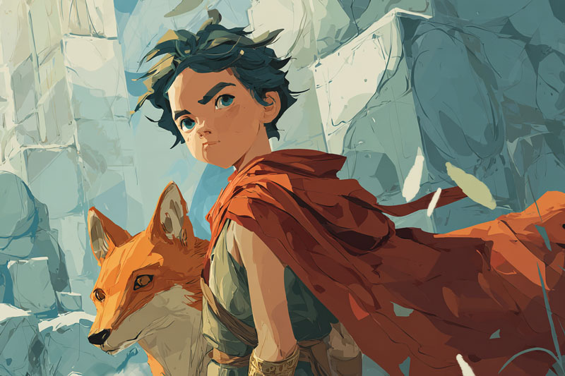 Illustration of a young Spartan boy with a fox under his cloak, set against a background of stone walls .