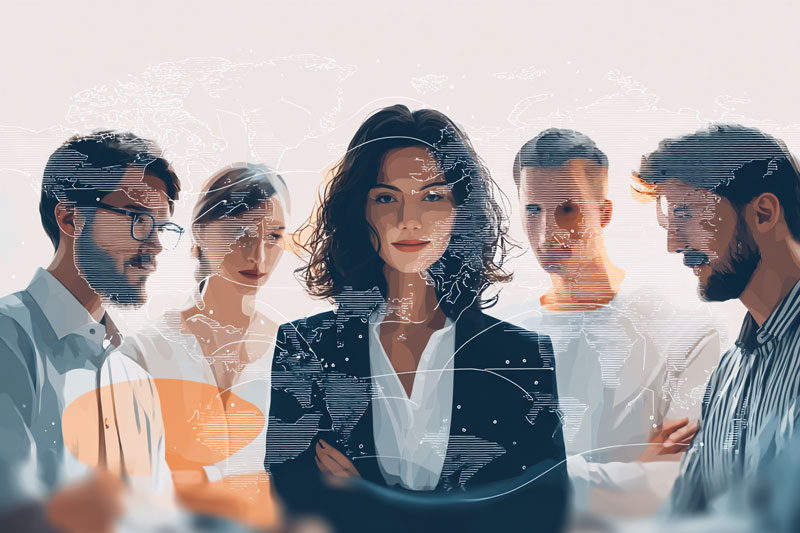 Group of five professionals standing together with a world map overlay.