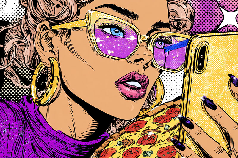 Illustration of a woman with purple sunglasses holding a smartphone and a slice of pepperoni pizza.